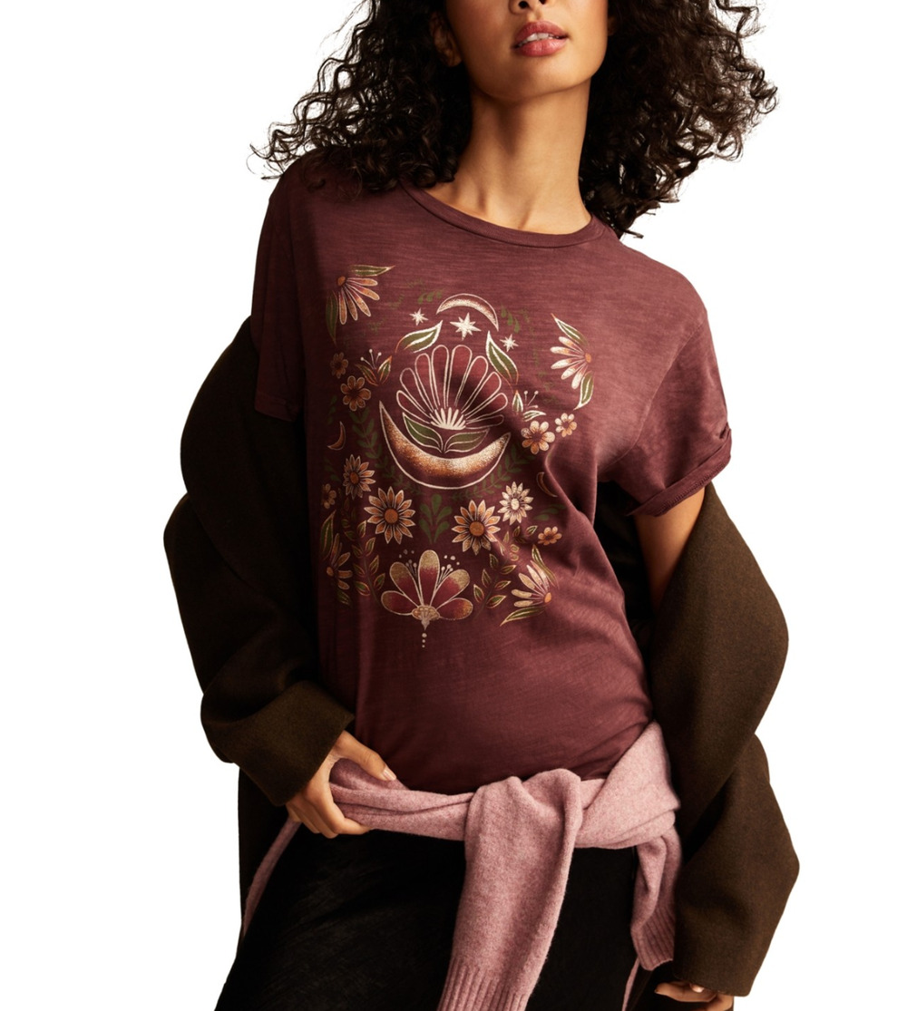 Lucky Brand Women Cotton Geometric Mirror Floral Boyfriend Tee Decadent Size XS